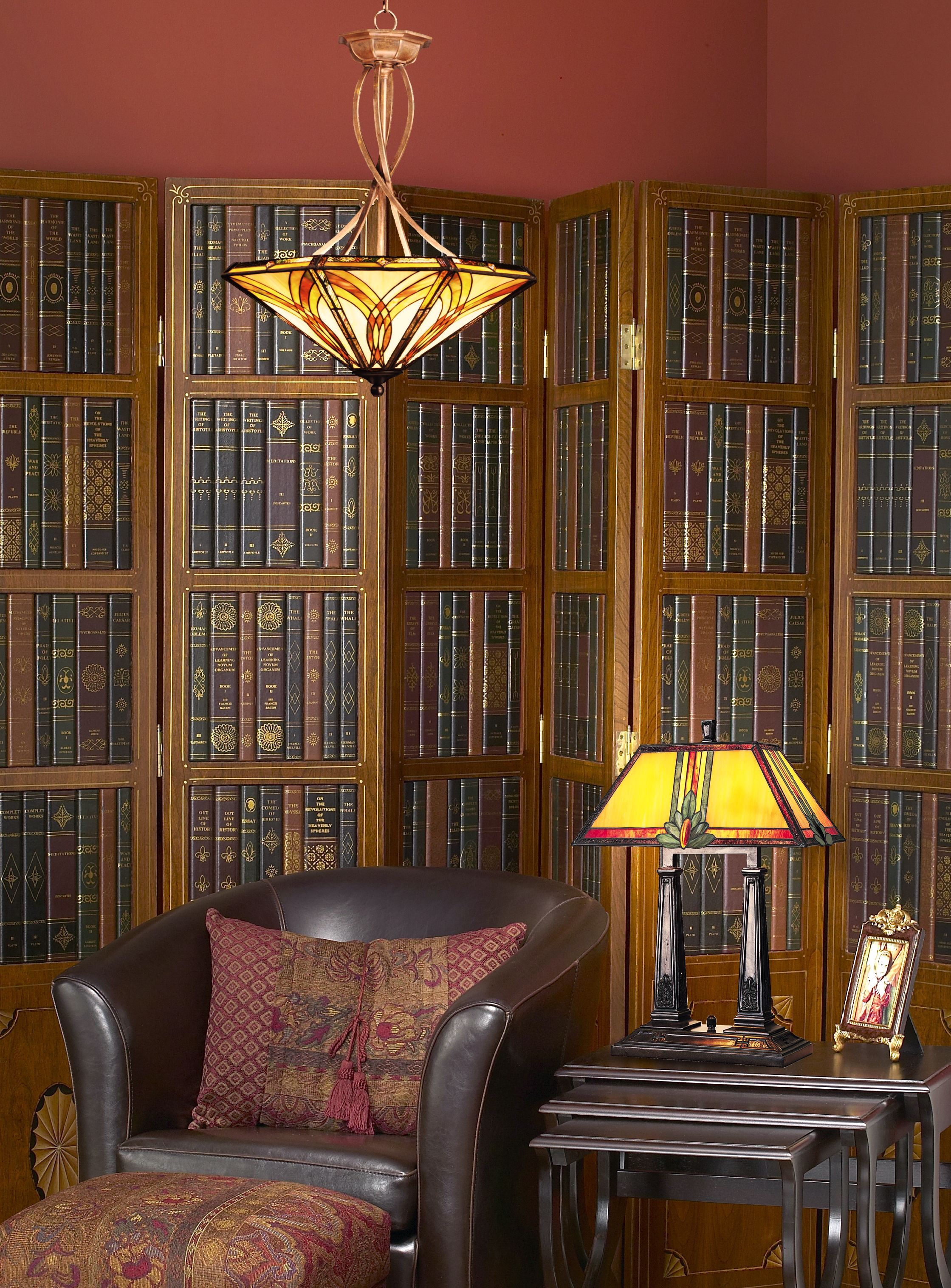 Accent a library nook in your living room with classic Mission style lighting.