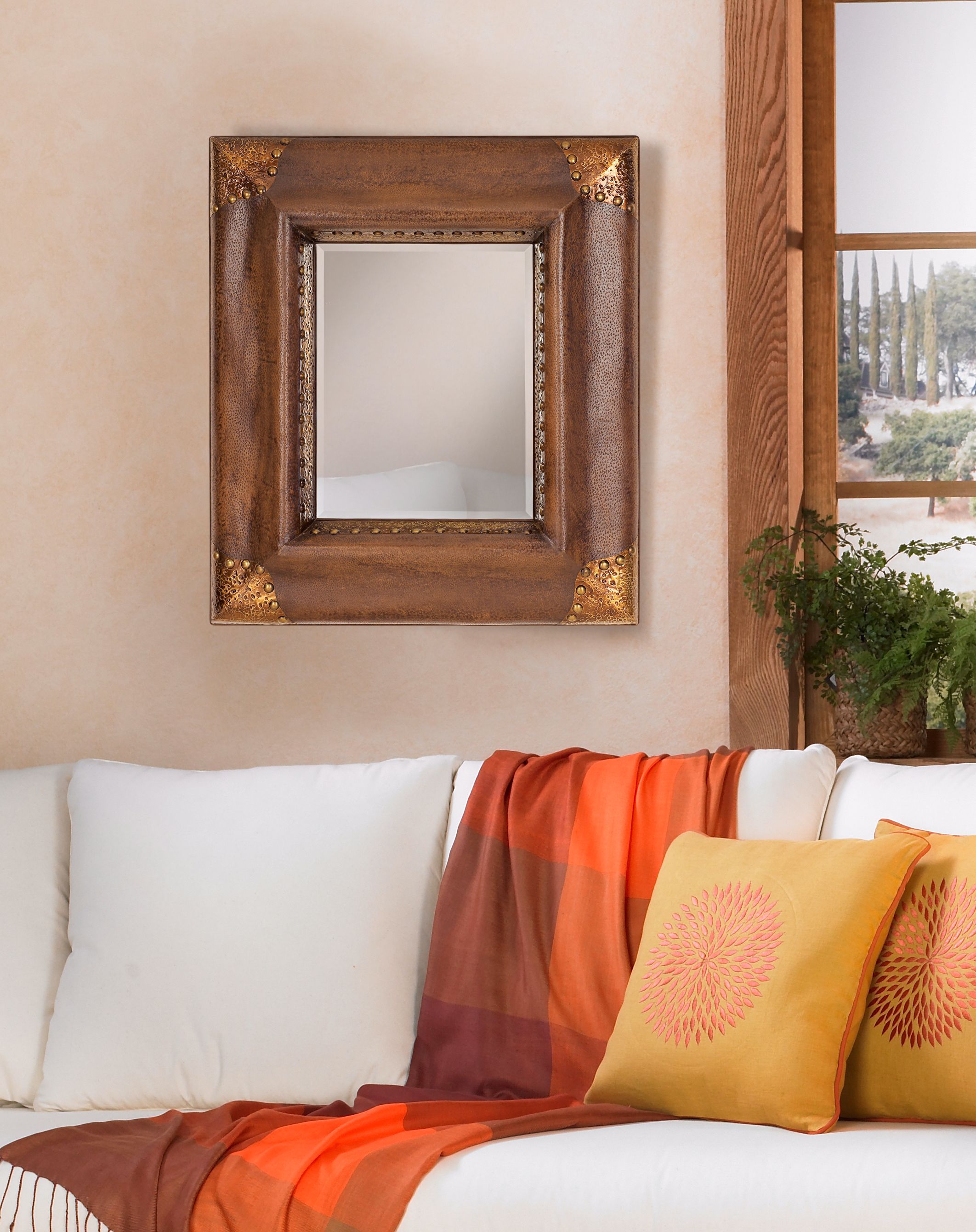 Faux Leather and Copper Nail Head 34" High Wall Mirror in scene