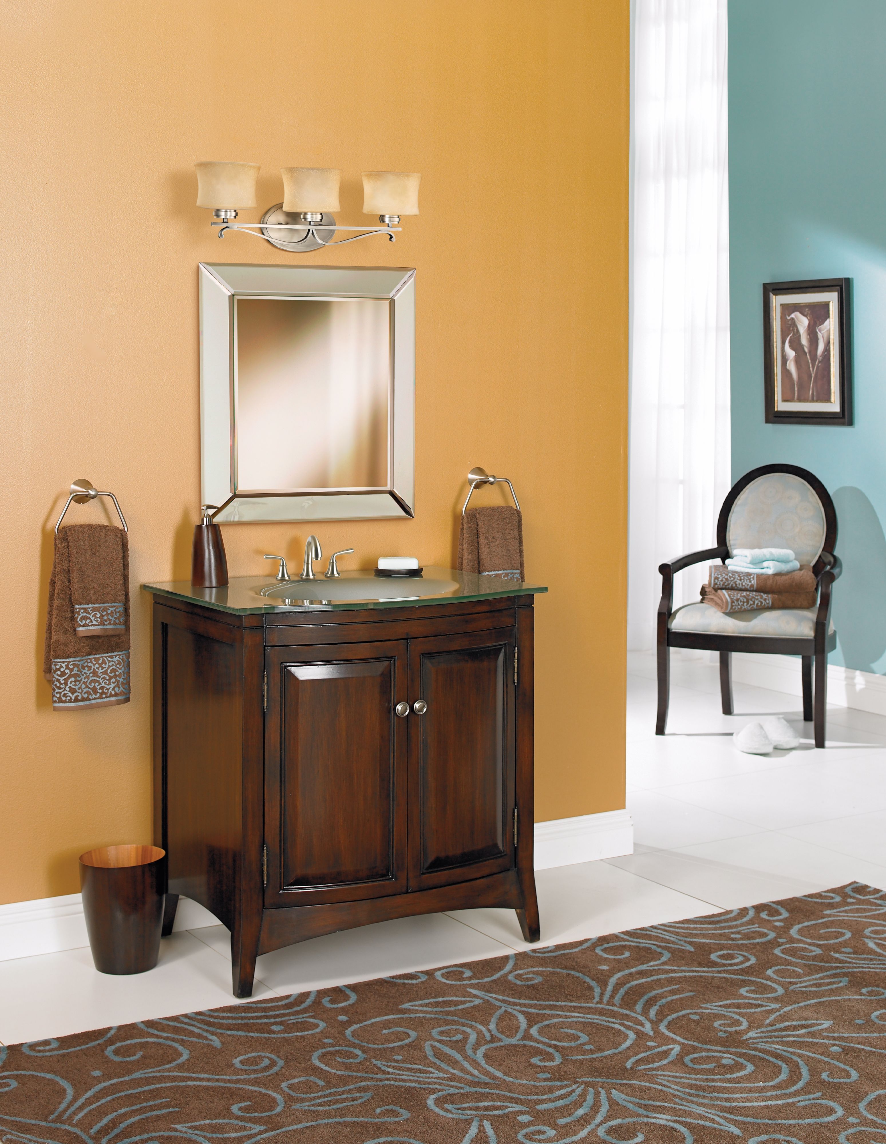 A bright accent wall creates a cheery transitional bathroom picture.