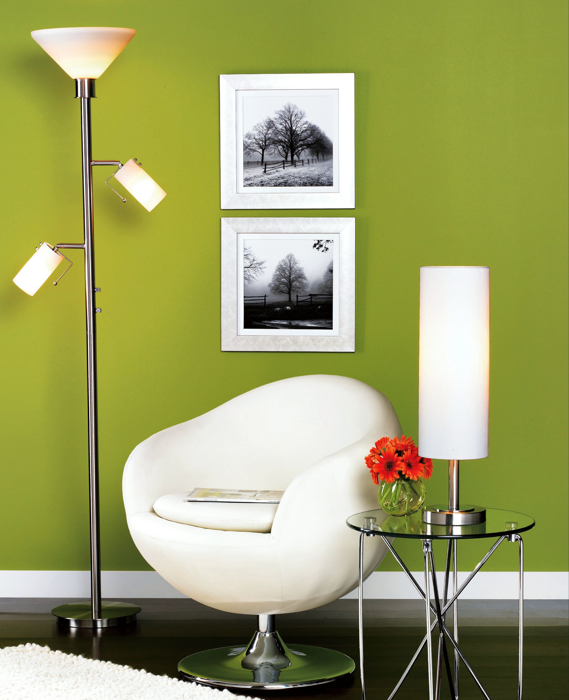 Mod white furniture and lighting pops against a bold green wall!