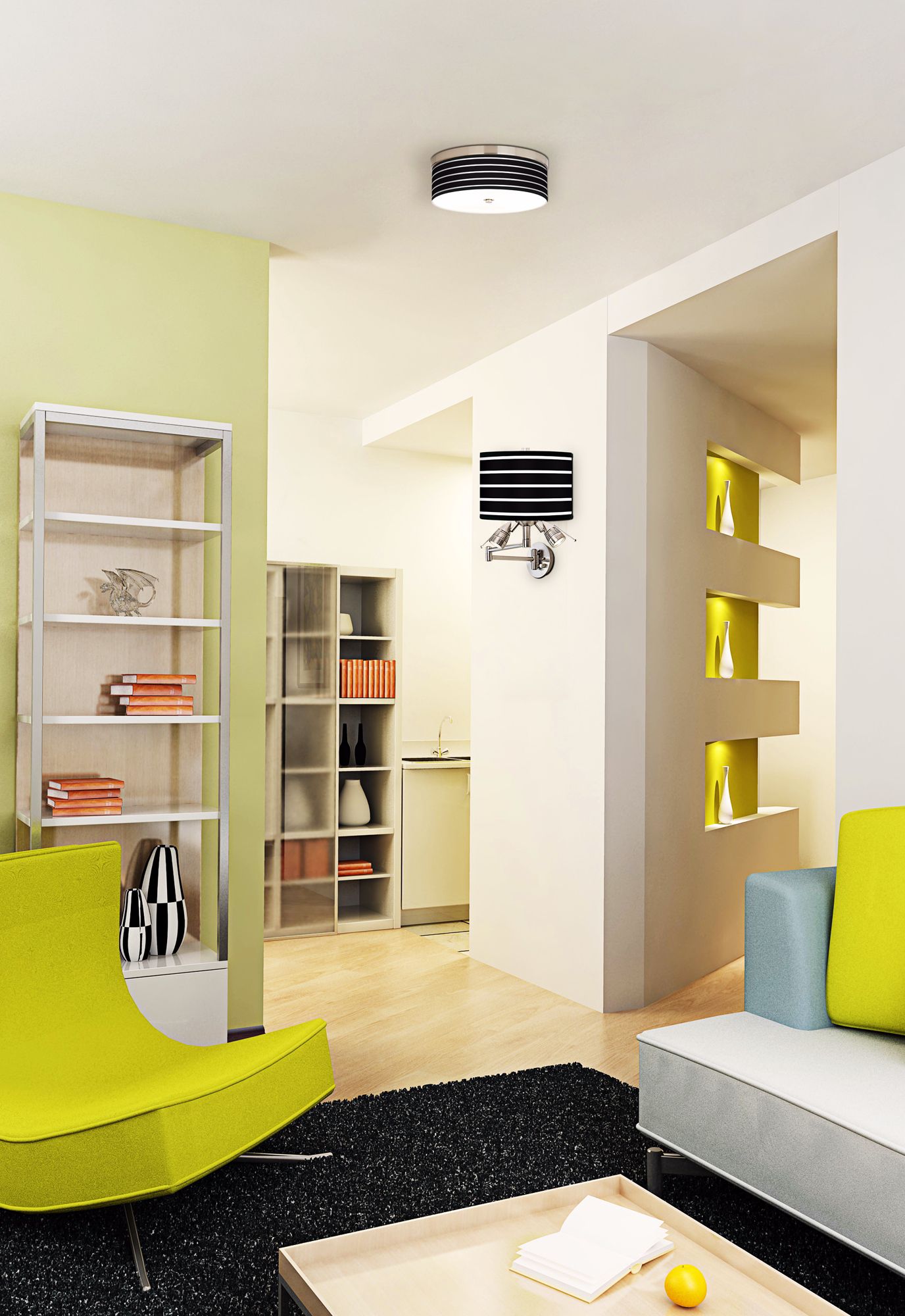 A contemporary living room design picture with bright colors.