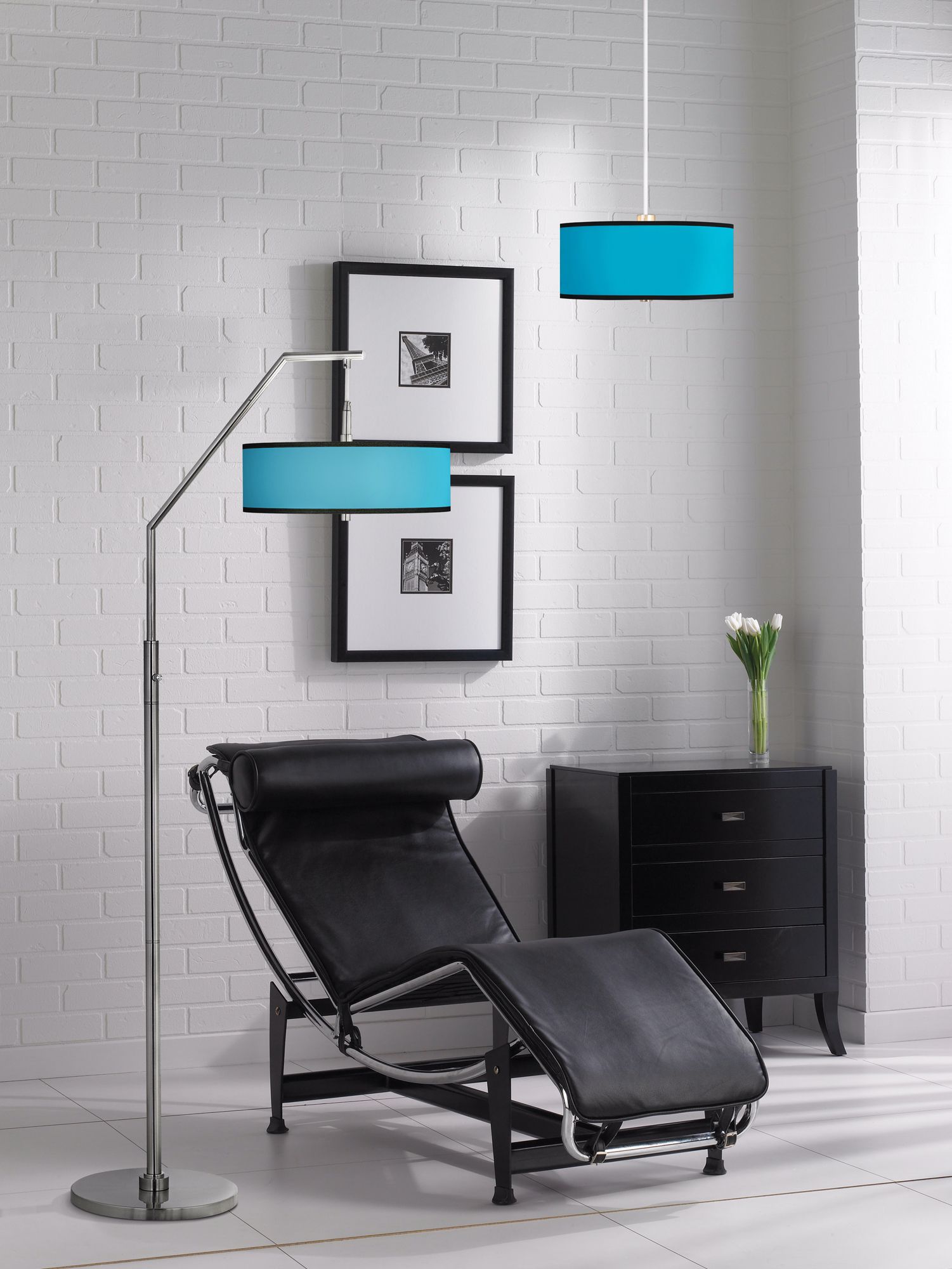 A contemporary loft decorating picture with bold colored lighting.