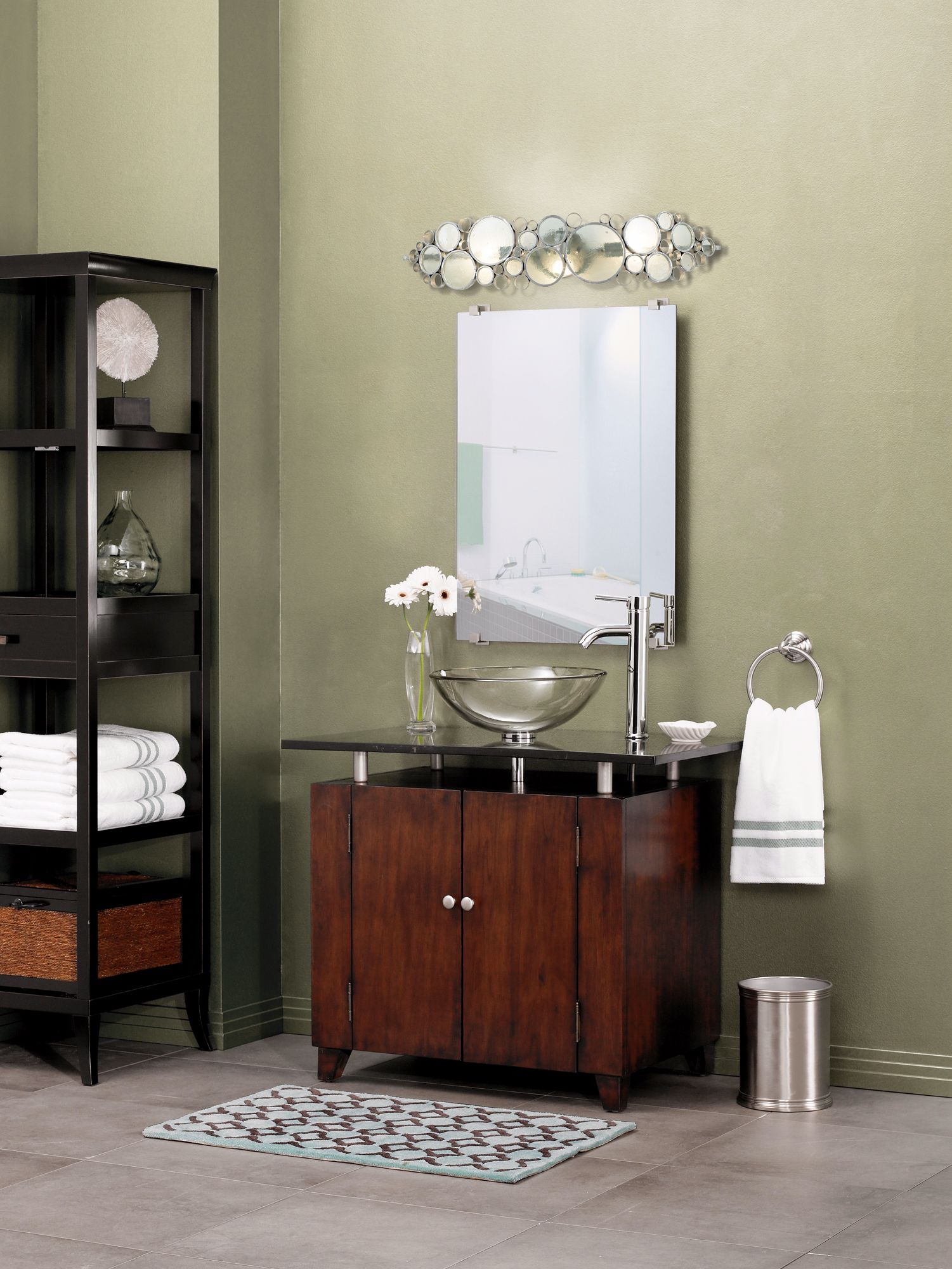 An alluring light fixture is a bright idea in a contemporary bathroom!