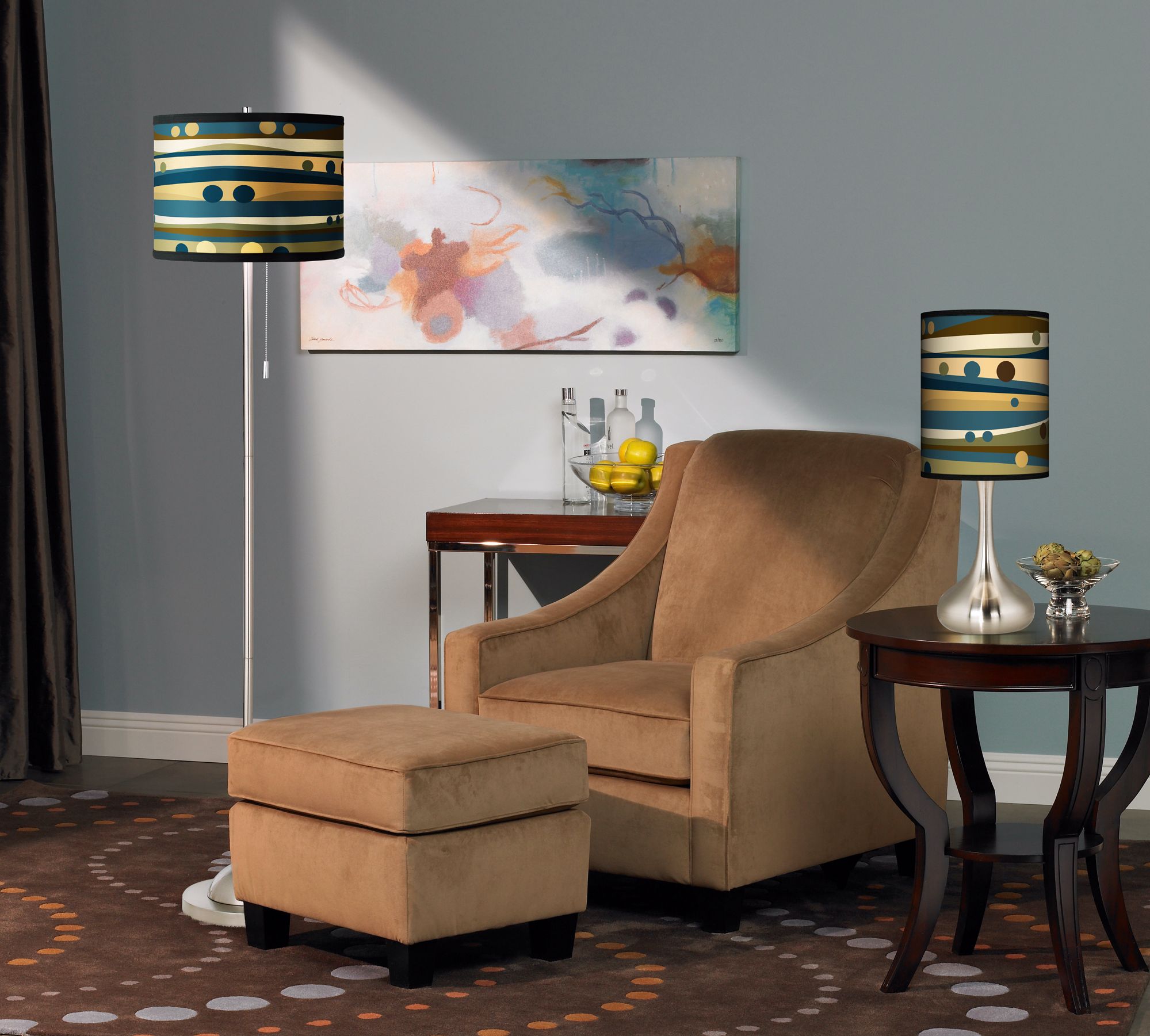 The giclee lamps and rug add a fun dot pattern to the room scene.