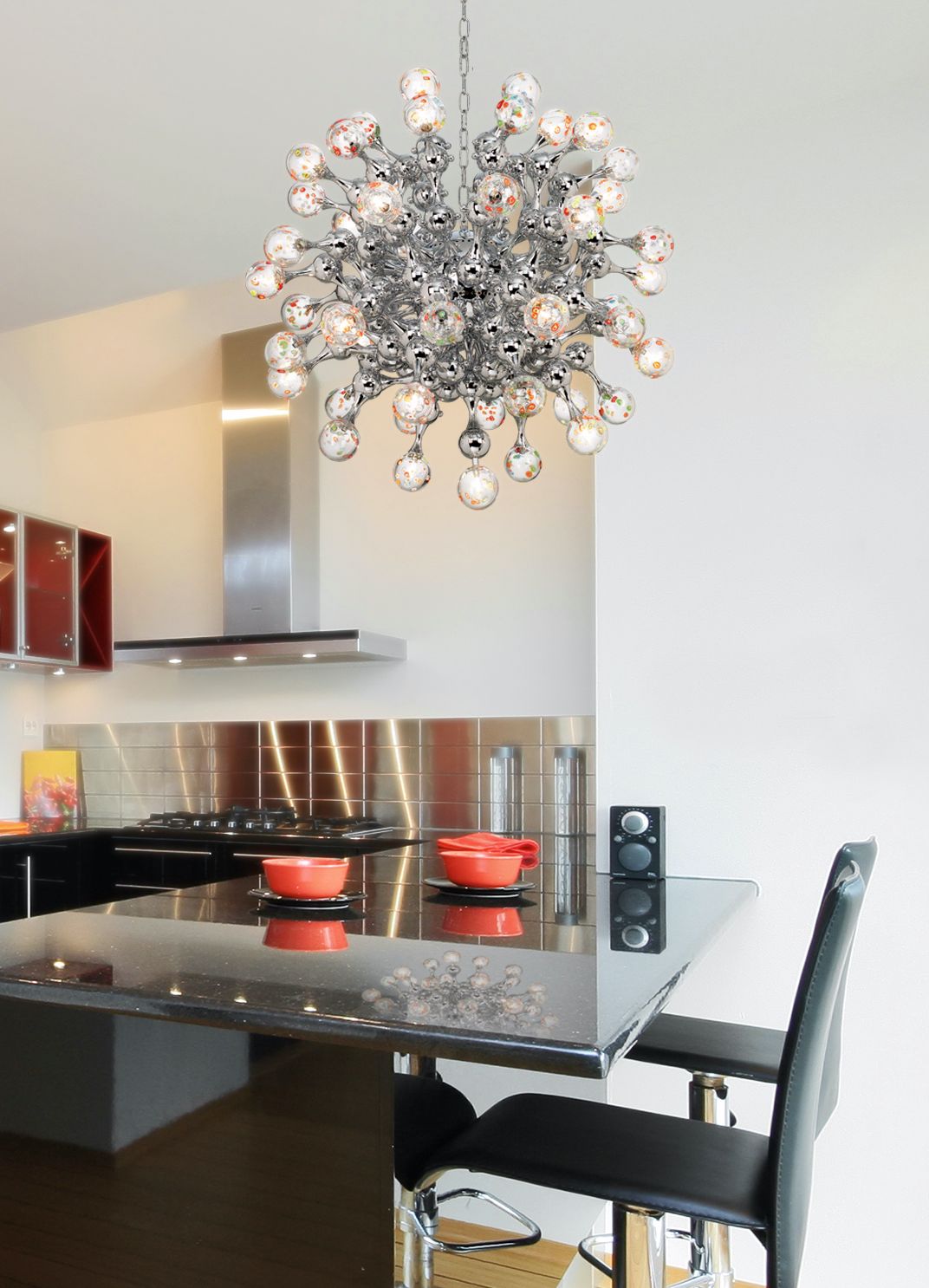 A stunning modern light fixture creates beautiful kitchen decor!