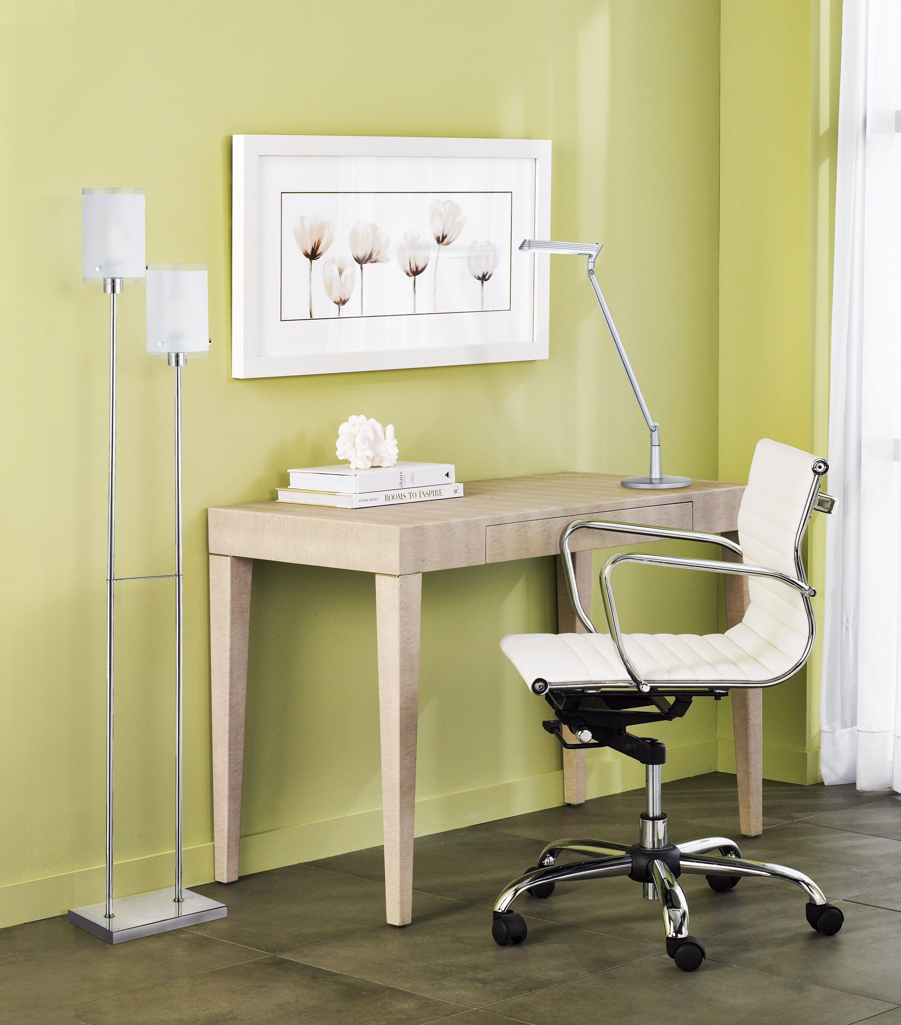 A modern office space using a contemporary accent table.