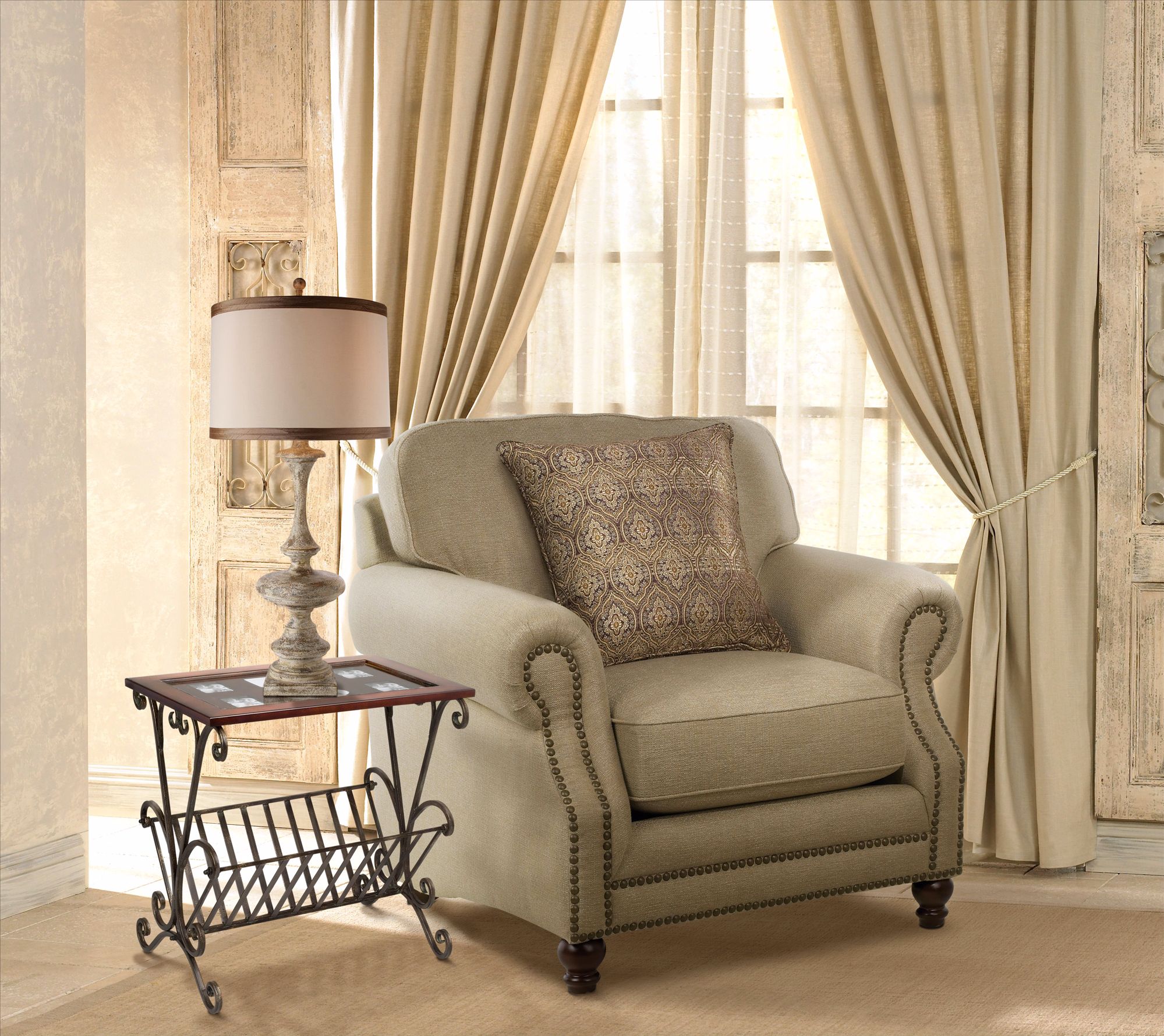 In this traditional living room design, a cozy reading corner is created.