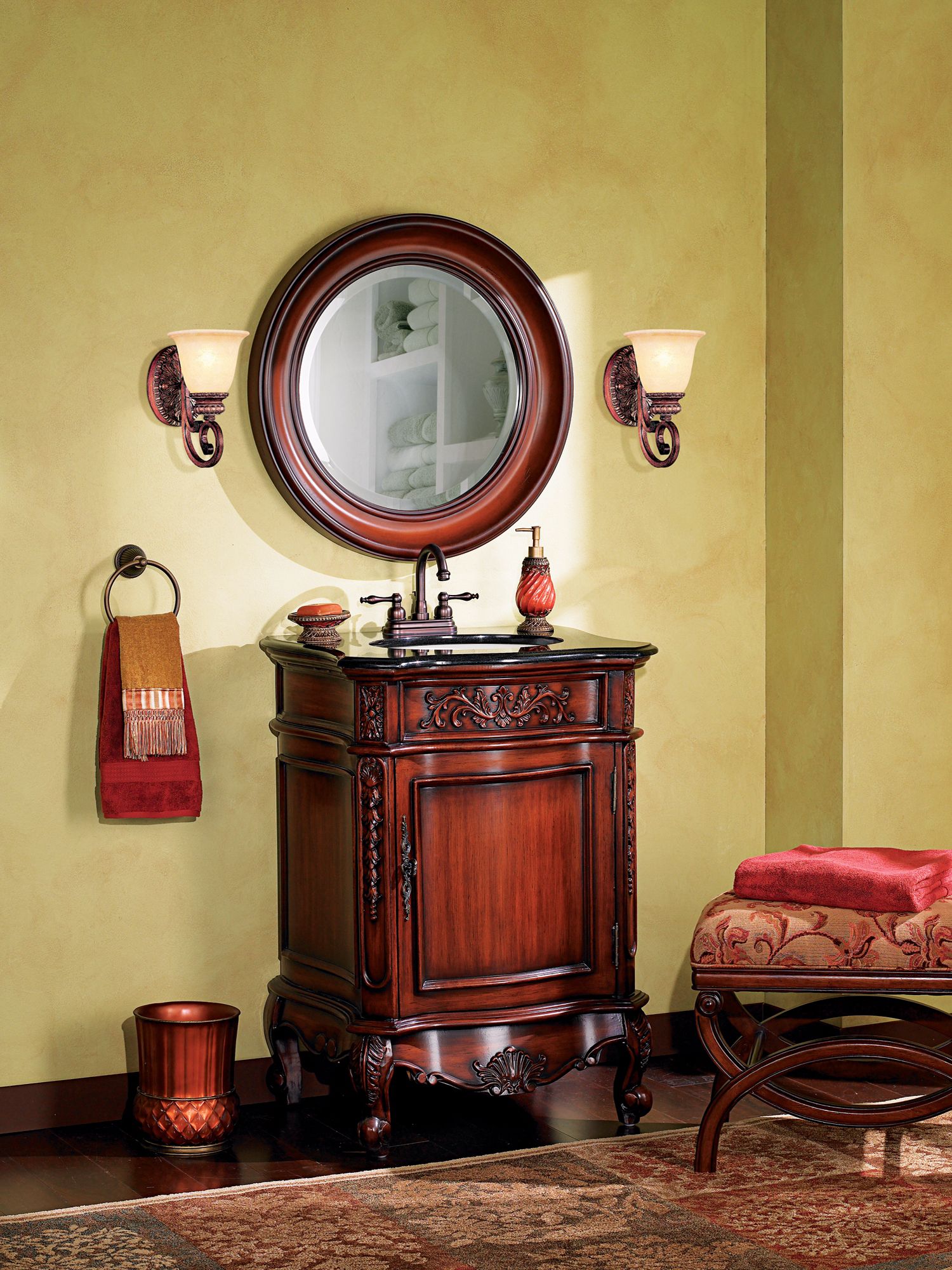 Aged finishes and ornate details create an elegant traditional bathroom picture.