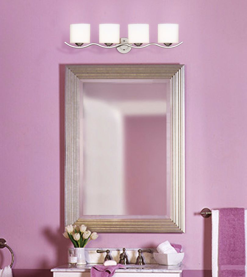 Lavender is a cheery wall color for a transitional bathroom.