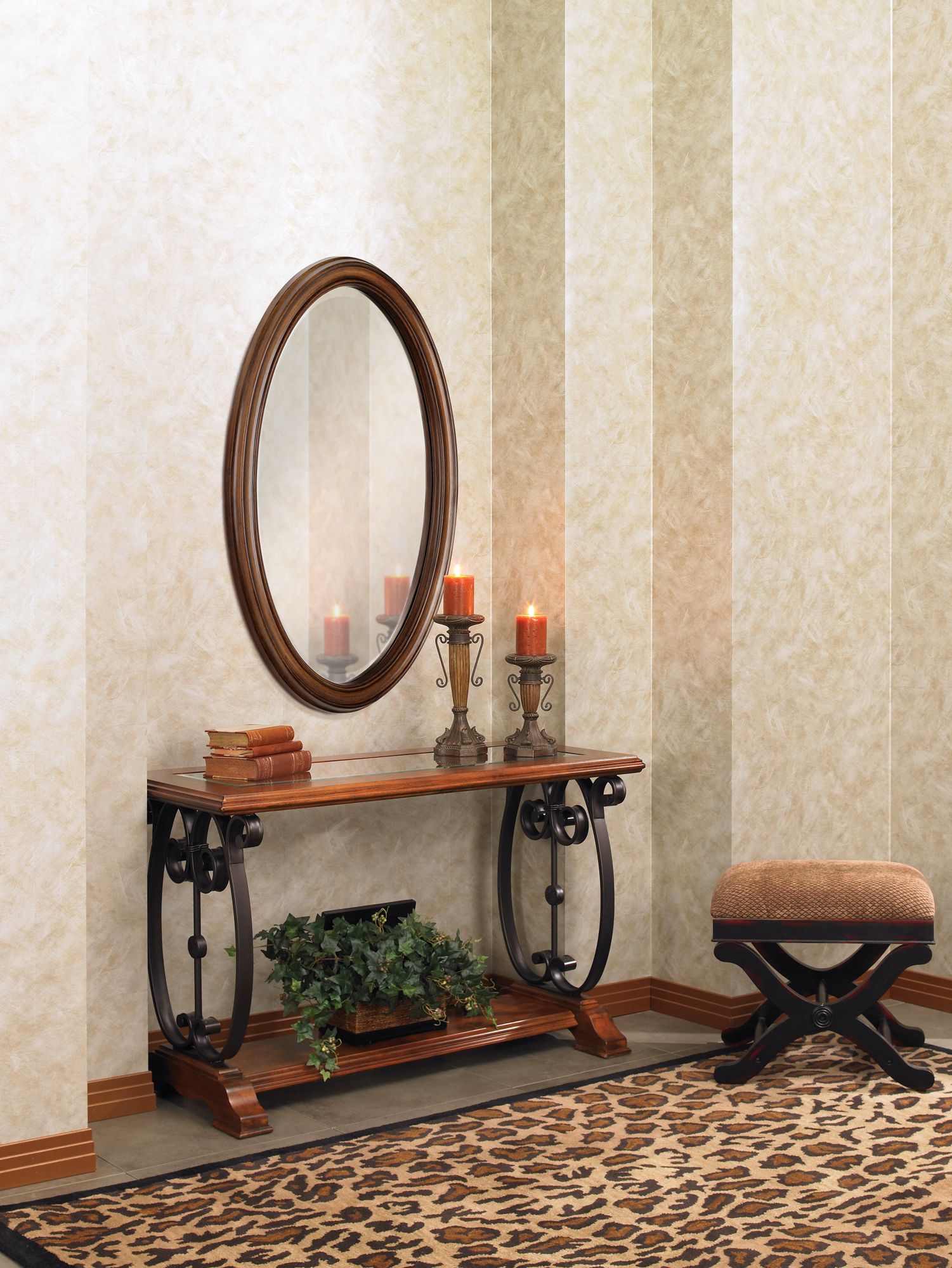A leopard print rug adds a chic exotic feel to this traditional hallway.