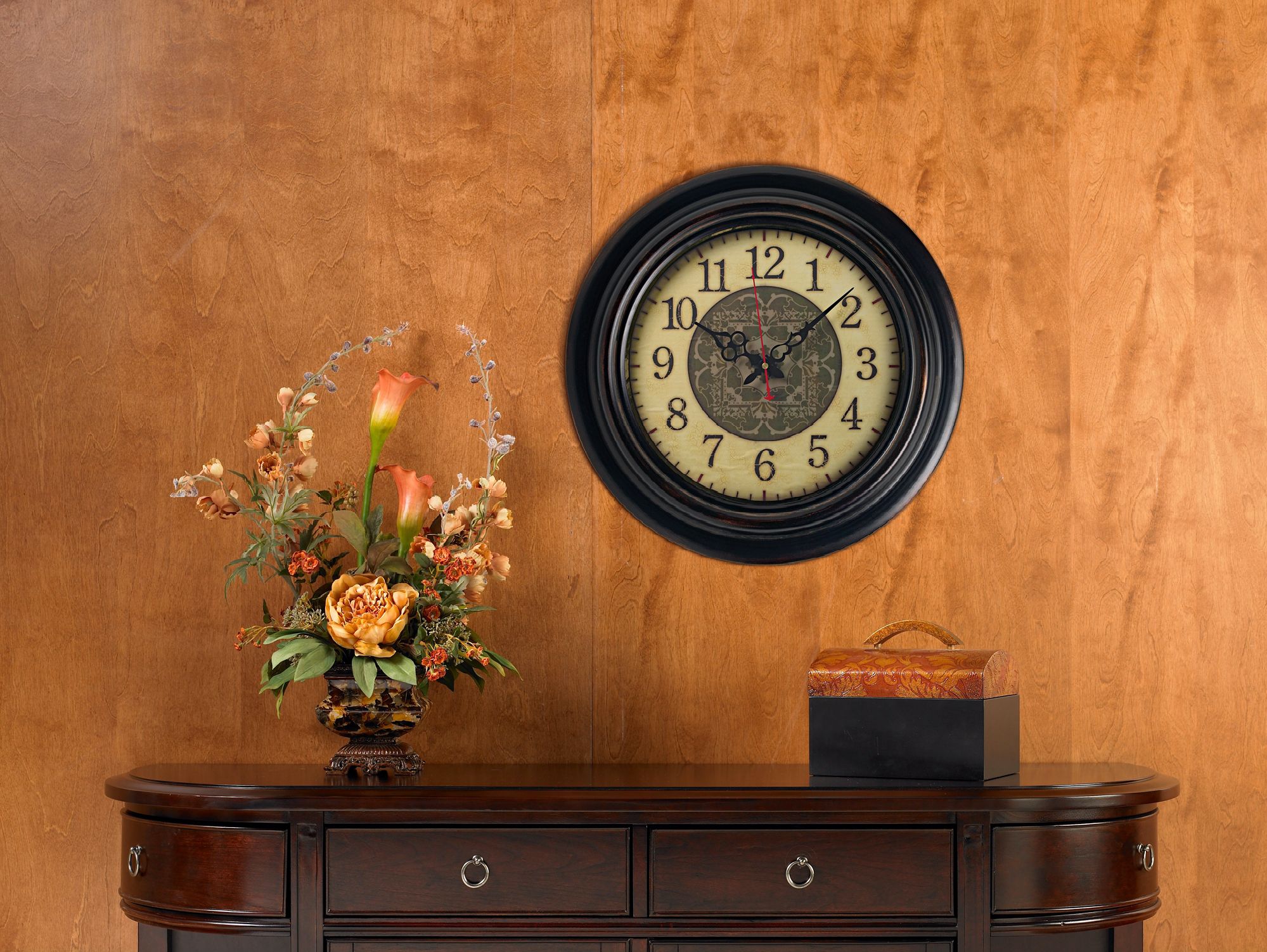 A vintage-inspired wall clock adds classic charm to a traditional hallway.