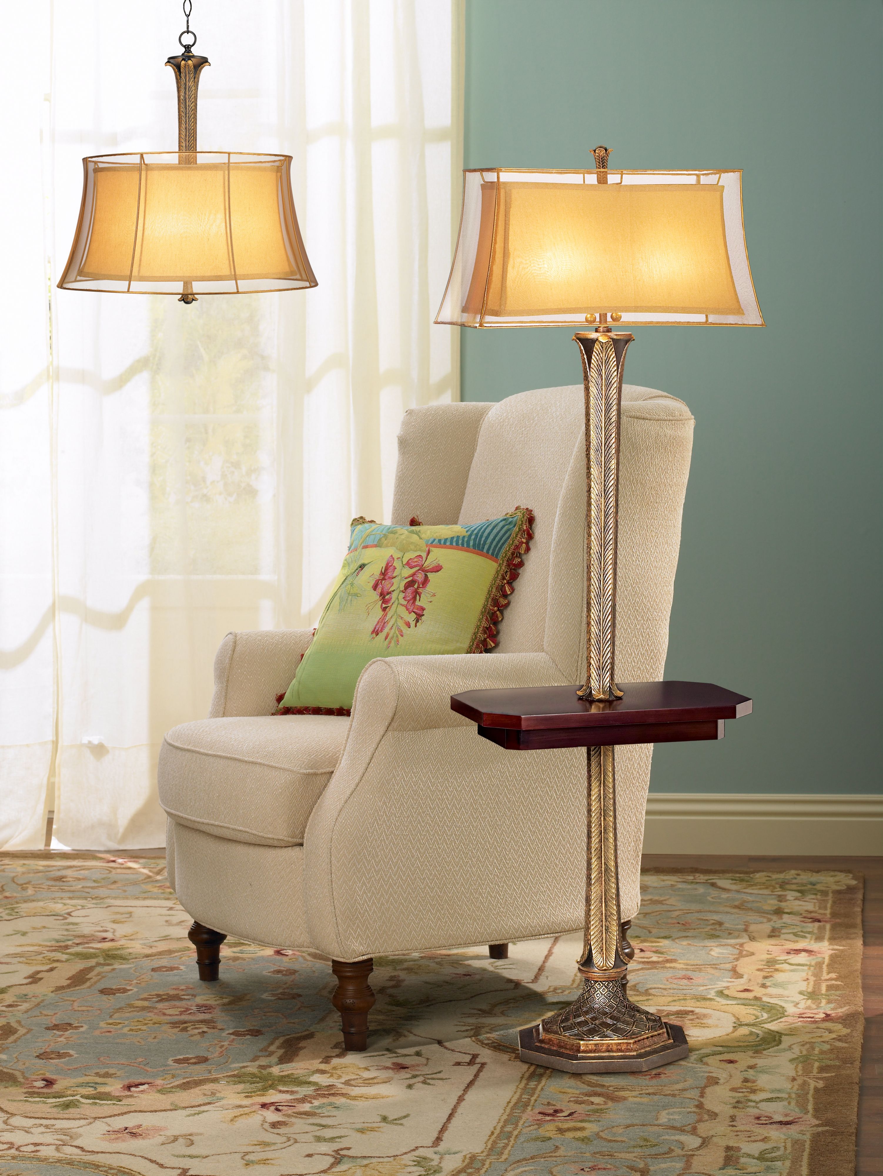 A floor lamp with built-in tray table creates a sweet traditional reading nook.
