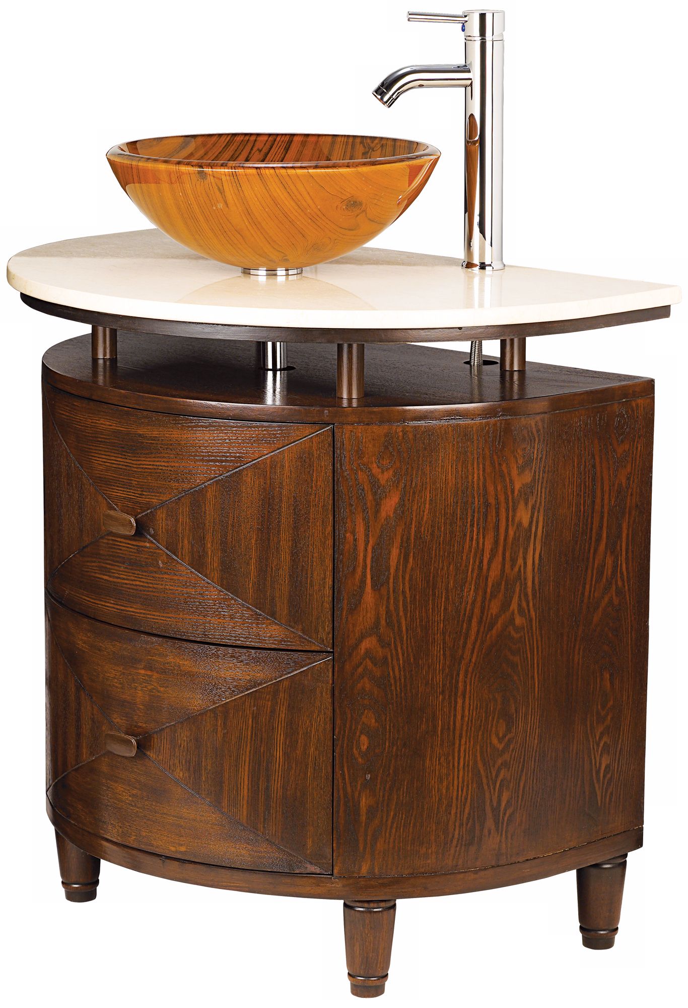 Walnut Finish Marble Top Glass Basin Sink Console more views