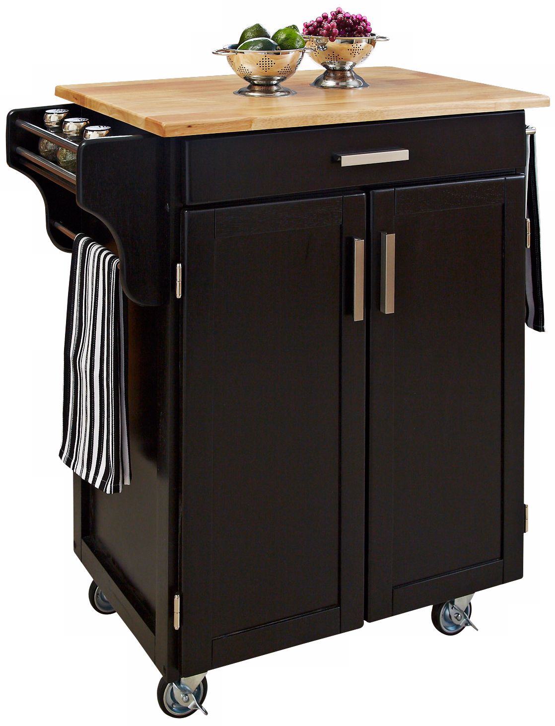 Black Kitchen Utility Cart with Natural Wood Top
