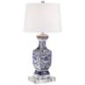 Iris Blue White Porcelain Table Lamp With 8&quot; Wide Square Riser