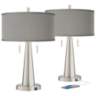 Gray Faux Silk Vicki Brushed Nickel USB Table Lamps Set of 2
