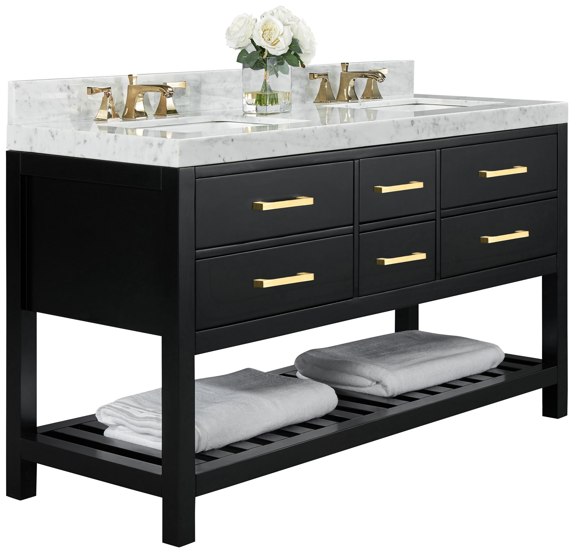 Elizabeth 60"W Gold Hardware White Marble Double Sink Vanity - #62X14 ...