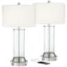 Watkin Clear Glass Column USB LED Table Lamps With 8&quot; Round Risers