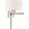 Brushed Nickel Swing Arm Wall Lamp with Oatmeal Drum Shade