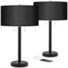 Black Faux Silk and Bronze USB Table Lamps Set of 2