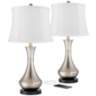 Simon Brushed Nickel USB Cream Shade Table Lamps Set of 2
