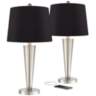 Geoff Brushed Nickel USB Black Shade Table Lamps Set of 2