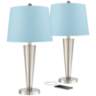 Geoff Brushed Nickel USB Blue Hardback Table Lamps Set of 2