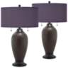 Hammered Bronze Table Lamps with Eggplant Faux Silk Shades Set of 2