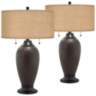 Hammered Bronze Table Lamps with Burlap Shades Set of 2