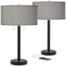 Gray Faux Silk and Bronze USB Table Lamps Set of 2