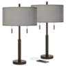 Gray Faux Silk Robbie Bronze USB Table Lamps Set of 2