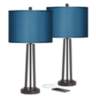 Blue Faux Silk and Dark Bronze USB Table Lamps Set of 2