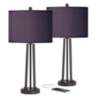 Eggplant Purple Faux Silk and Dark Bronze USB Table Lamps Set of 2