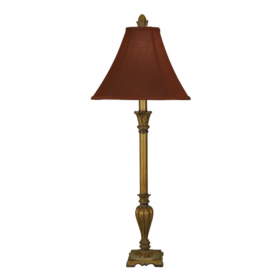 Antique Gold Finished Red Faux Silk Buffet Lamp   #J1249