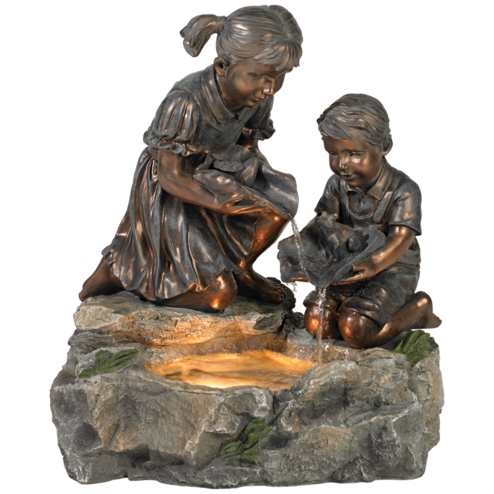 Boy Girl Lighted Lily Pad Outdoor Garden Water Fountain  