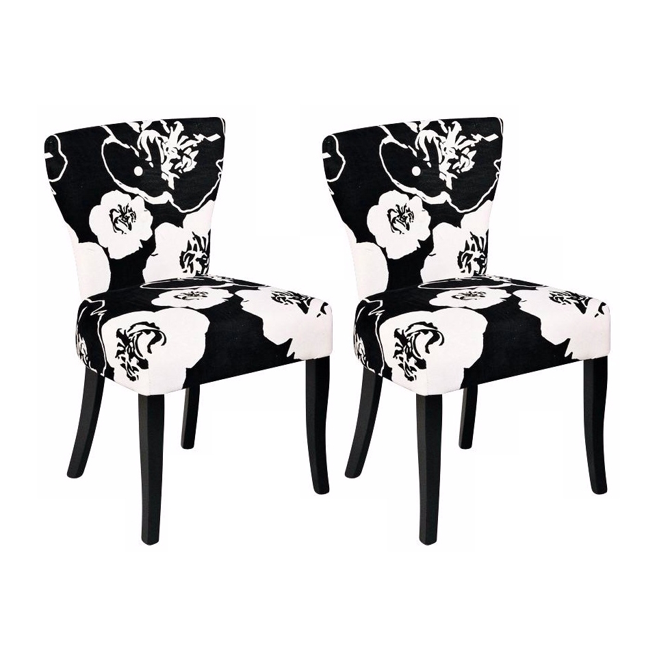 Set of 2 Black and White Floral Pattern Side Chair   #P5940