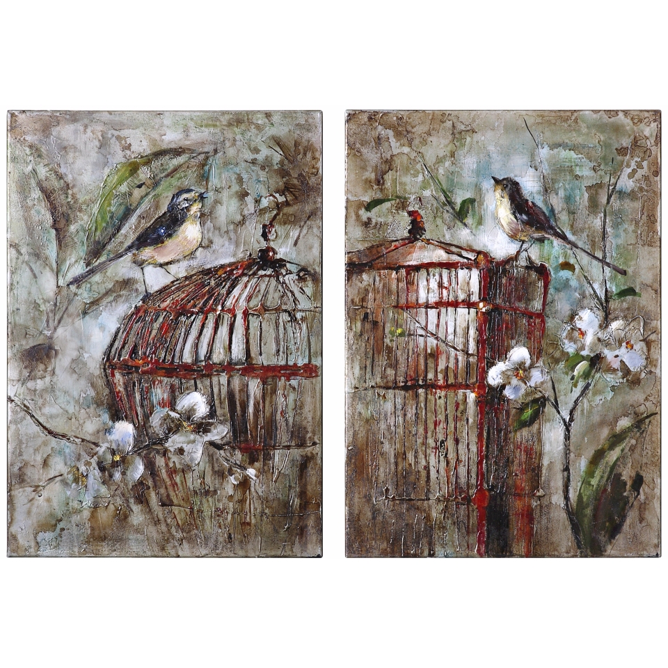 Uttermost Set of 2 Hand Painted Caged Birds Wall Art   #V3988