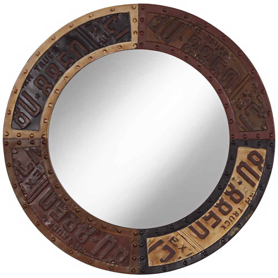 Metal License Plate 28” High Round Wall Mirror   #X3613