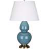 Robert Abbey Steel Blue and Brass Large Double Gourd Ceramic Table Lamp