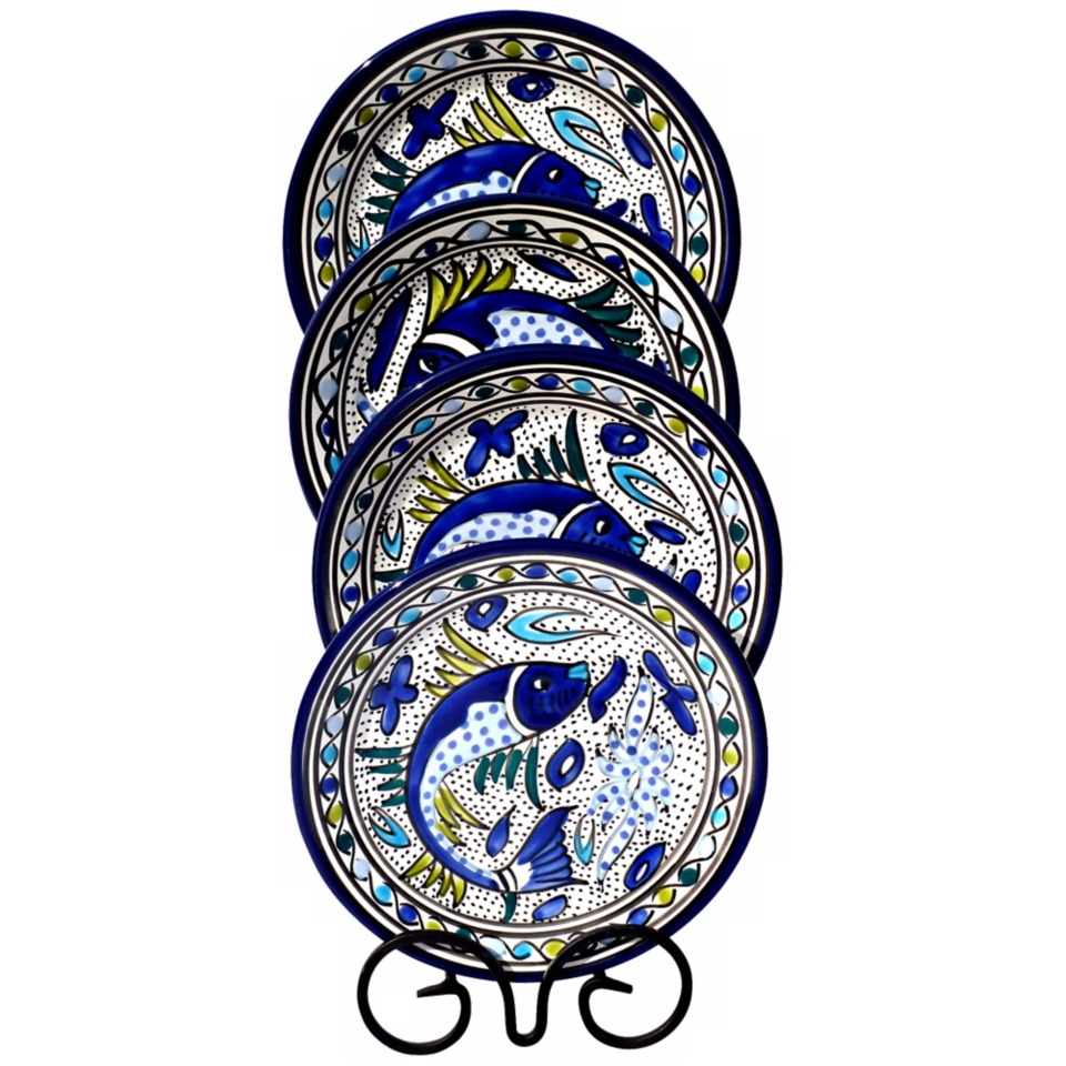 Le Souk Ceramique Aqua Fish Design Set of 4 Side Plates   #X9939