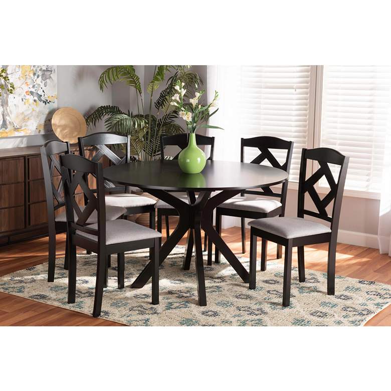 Image 1 Carlin Gray Fabric Dark Brown Wood 7-Piece Dining Set in scene