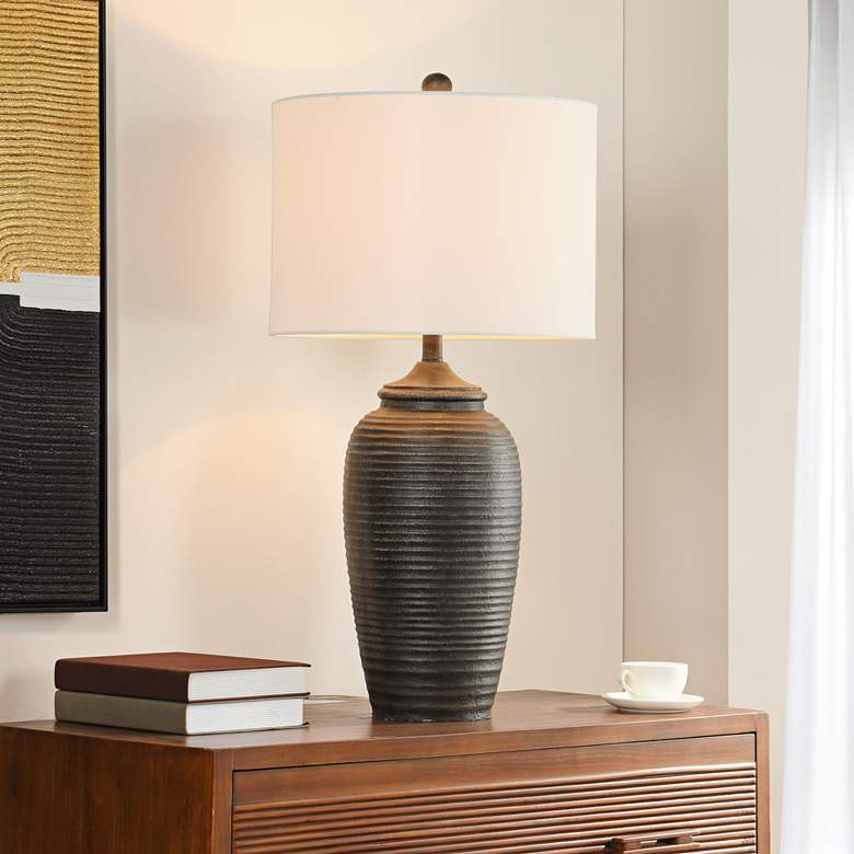 Image 1 Stylecraft Charlotte 32" High Matte Black Grooved Base Table Lamp in scene