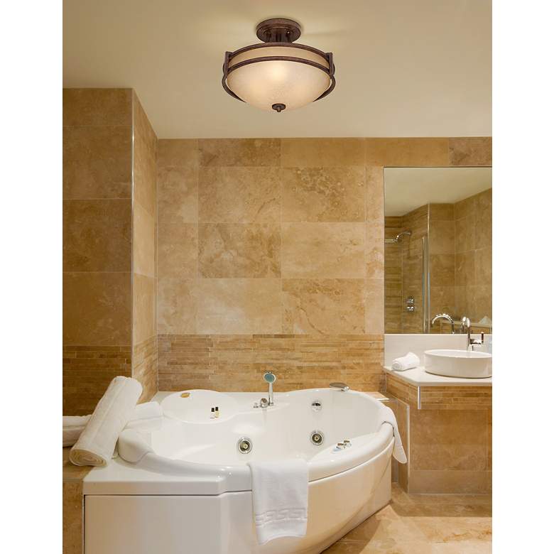 Image 1 Franklin Iron Oak Valley 18" Wide Bronze and Scavo Glass Ceiling Light in scene