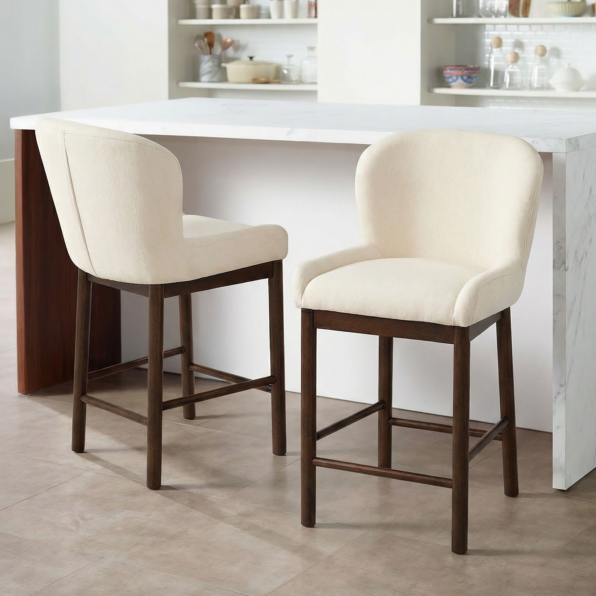 Thumbnail1 of Possini Euro Gia 26 1/2"H Valdese Armstrong Walnut Counter Stool 2 Set in scene