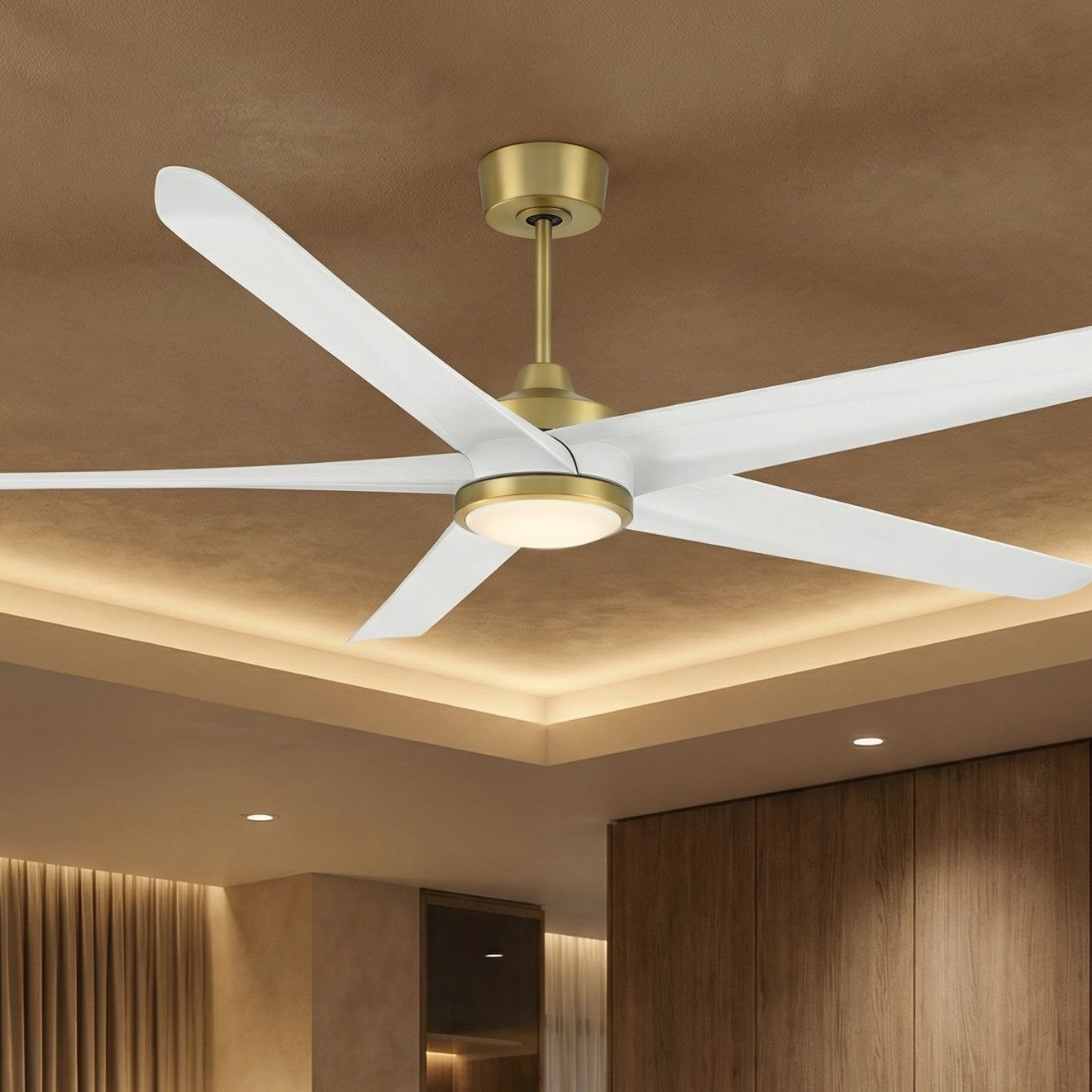 Image 1 72" Casa Vieja Forma Brass and White LED Indoor/Outdoor Ceiling Fan in scene