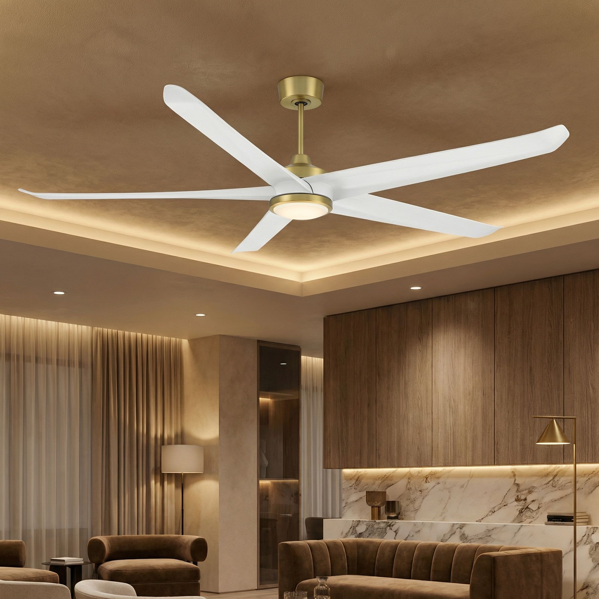 72" Casa Vieja Forma Brass and White LED Indoor/Outdoor Ceiling Fan in scene
