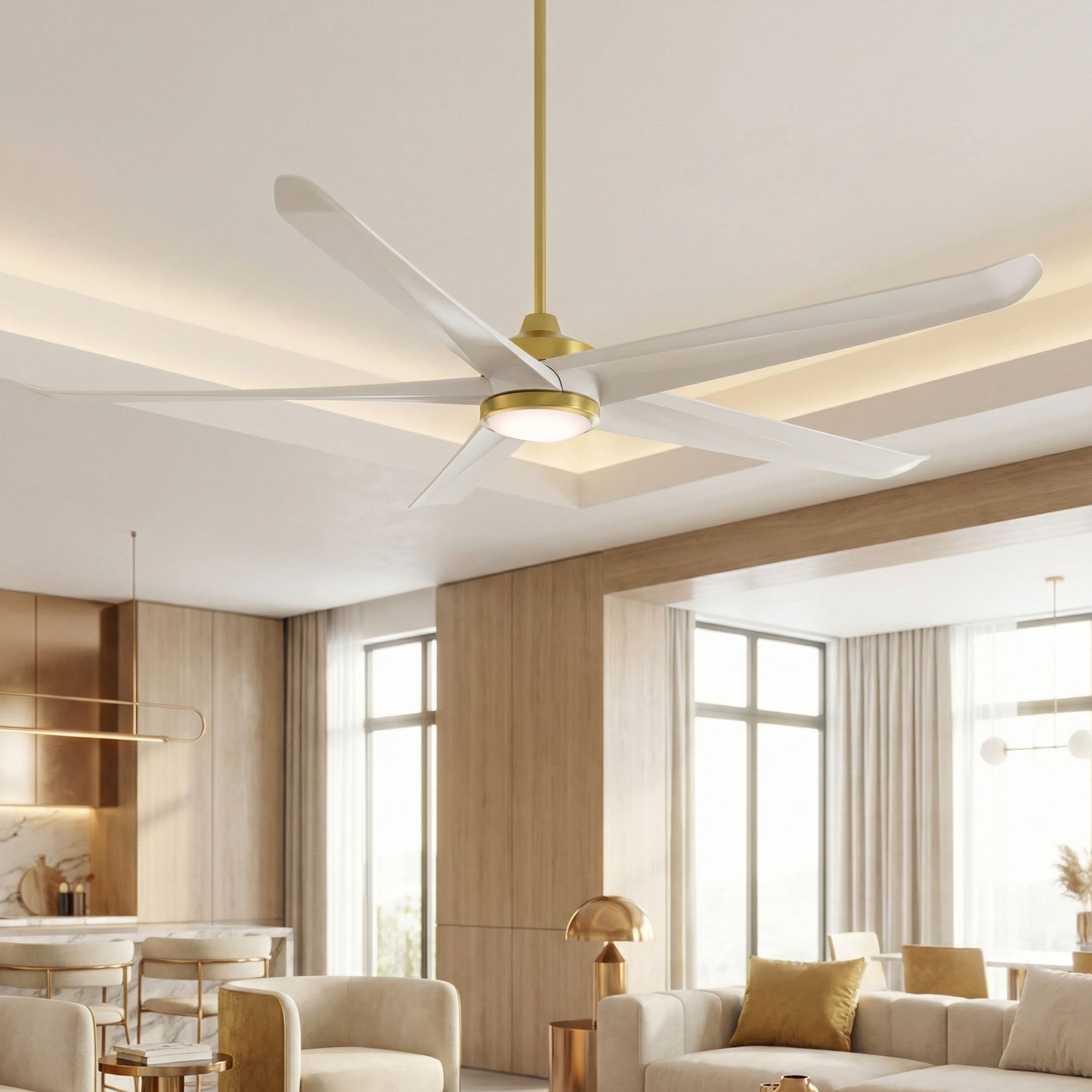 72" Casa Vieja Forma Brass and White LED Indoor/Outdoor Ceiling Fan in scene