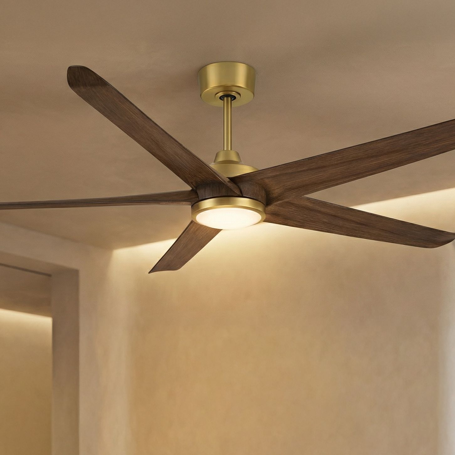 Image 1 72" Casa Vieja Forma Brass Dark Wood LED Indoor/Outdoor Ceiling Fan in scene