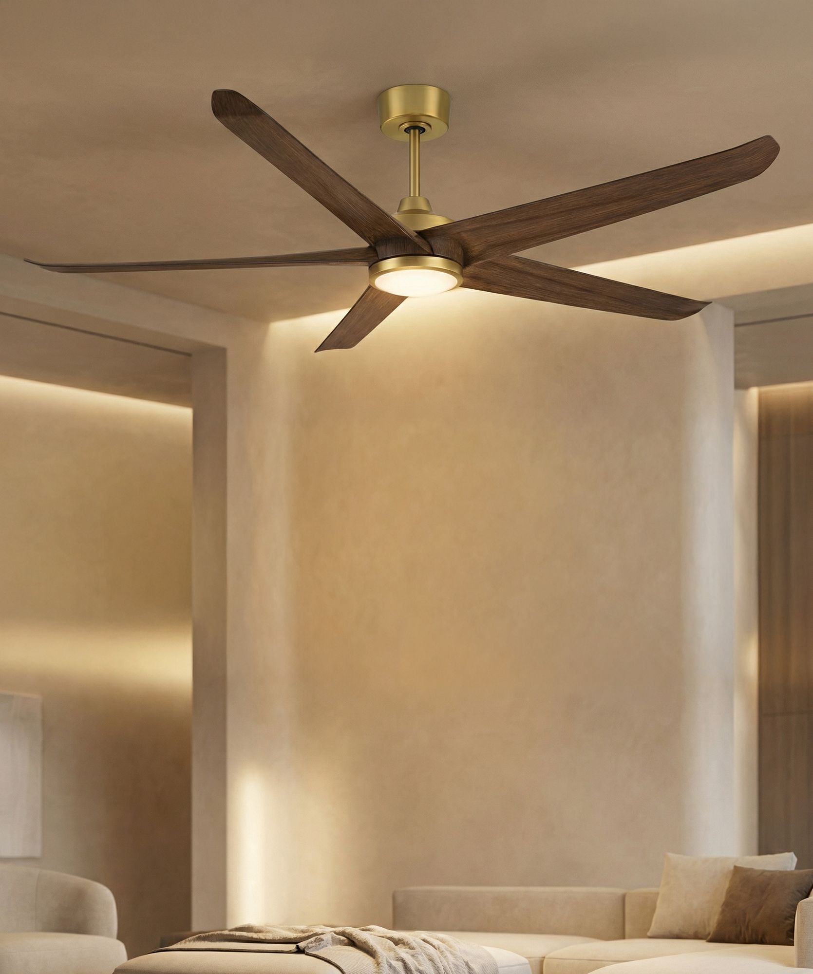 72" Casa Vieja Forma Brass Dark Wood LED Indoor/Outdoor Ceiling Fan in scene
