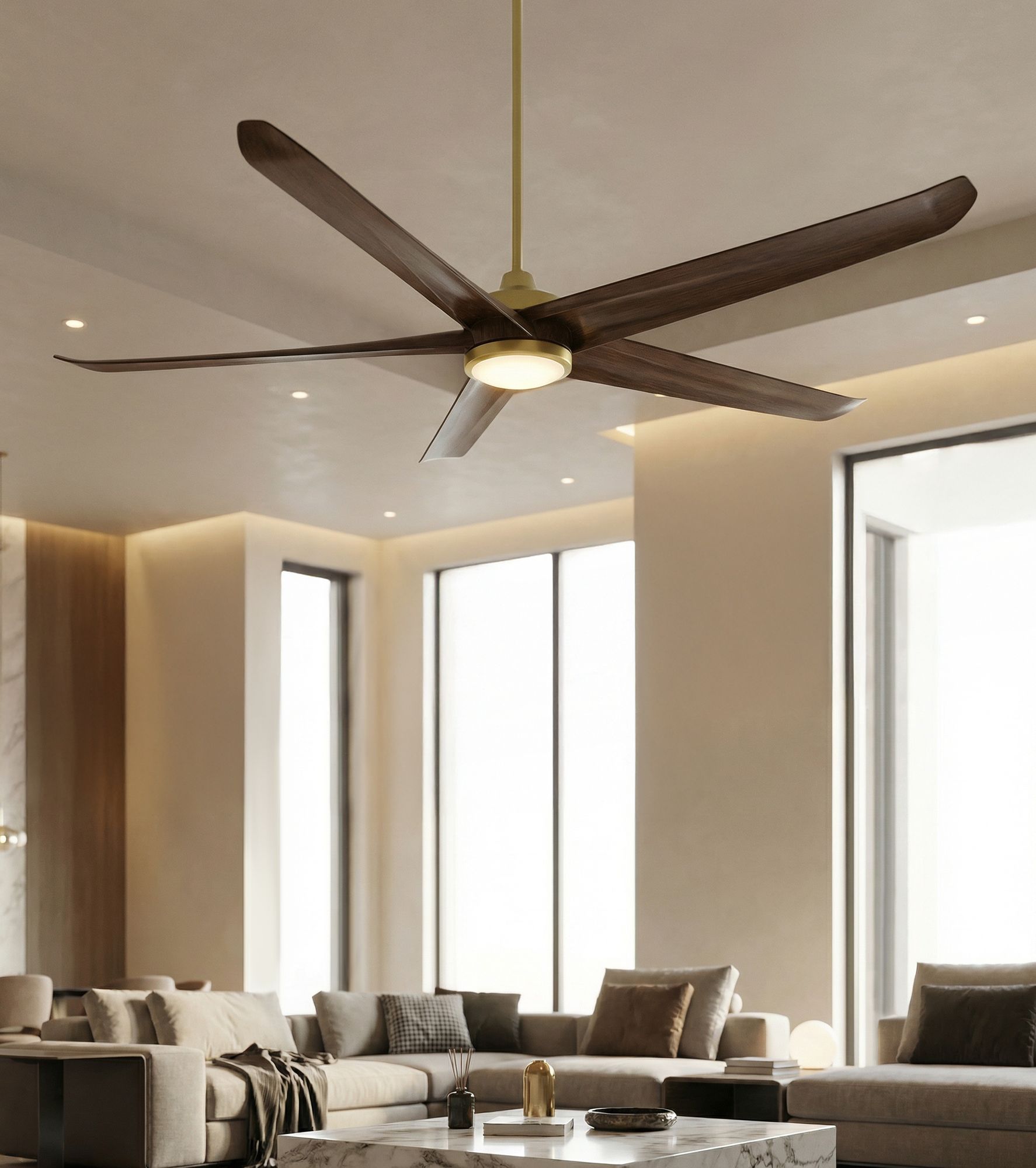 72" Casa Vieja Forma Brass Dark Wood LED Indoor/Outdoor Ceiling Fan in scene